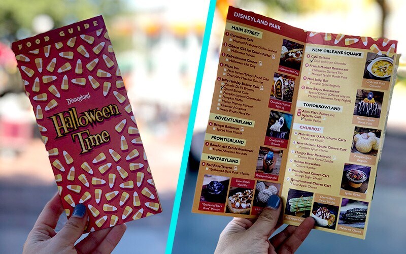 Disneyland Resort Halloween Time menu cover and inside with list of Halloween food Items.