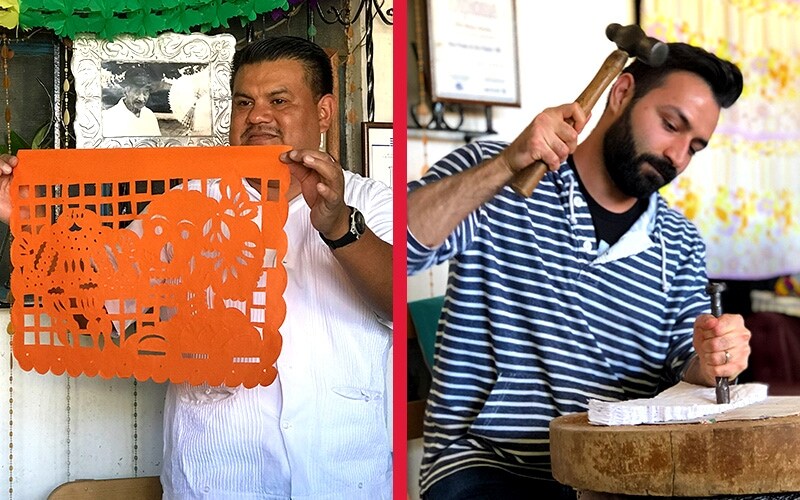 LEFT: MARCO ANTONIO SÁNCHEZ MARTINEZ OF ARTESANIAS SÁNCHEZ DEMONSTRATES THE ART OF MAKING PAPEL PICADO. RIGHT: COCO DIRECTOR ADRIAN MOLINA TRIES HIS HAND AT IT.