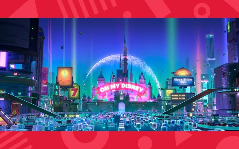 Image of the internet from Ralph Breaks the Internet with Oh My Disney banner over the Disney castle 