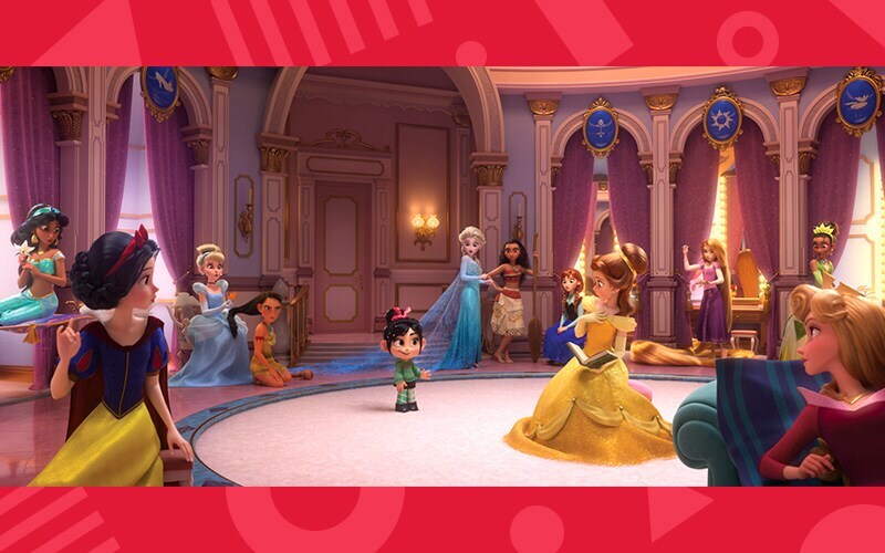 Vanellope in a room with Disney Princesses, Jasmine, Snow White, Cinderella, Pocahontas, Vanellope, Elsa, Moana, Anna, Belle, Rapunzel, Aurora, and Tiana