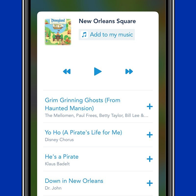 Screenshot of Disneyland Park app music section; playing New Orleans Square