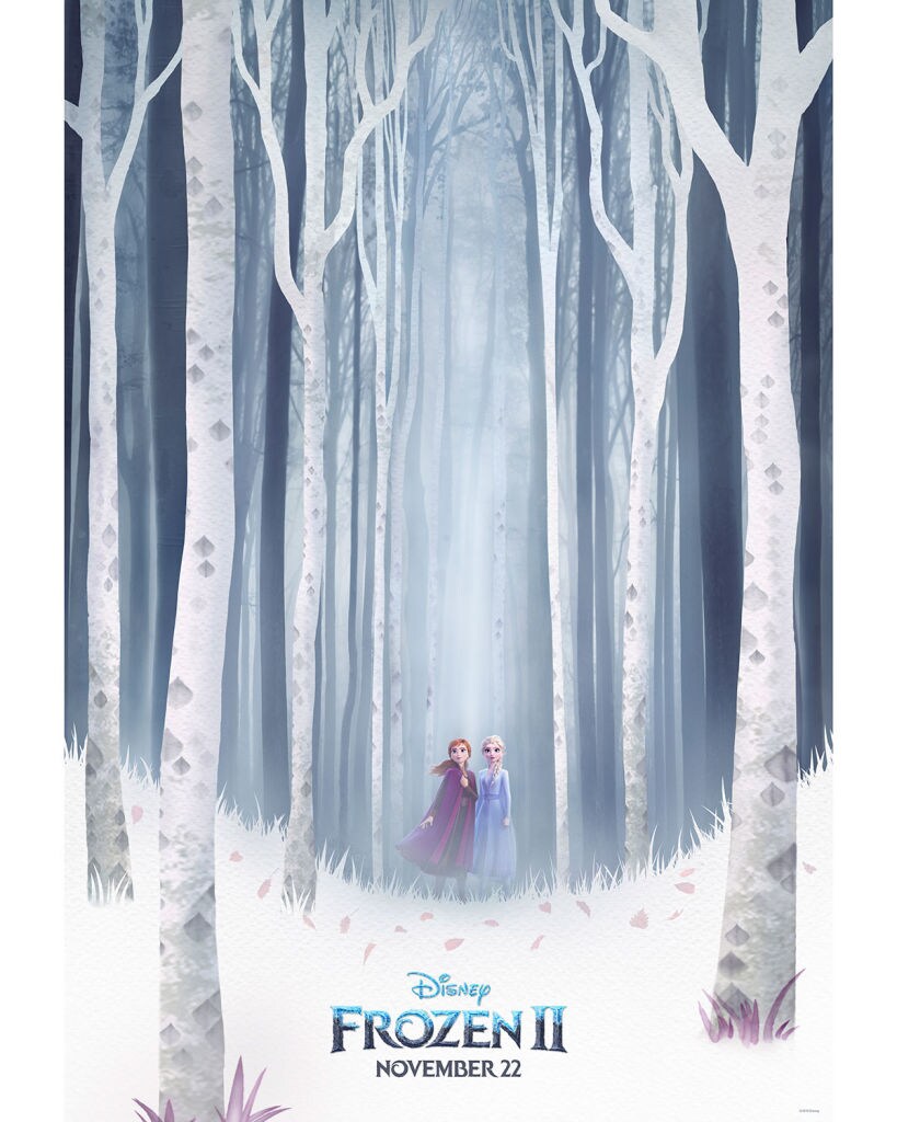 Frozen 2 poster featuring Anna and Elsa, standing amidst tall white trees