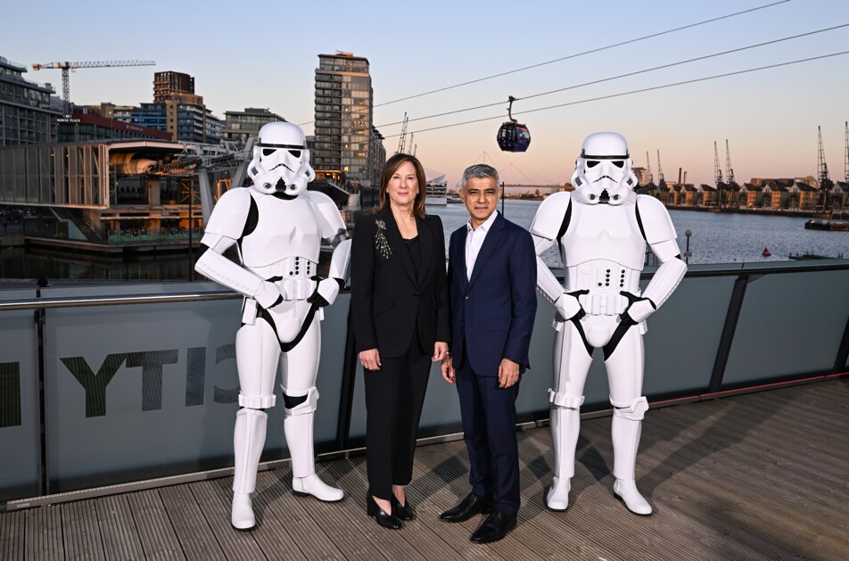 Sadiq Khan and Kathleen Kennedy with Storm Troopers.
