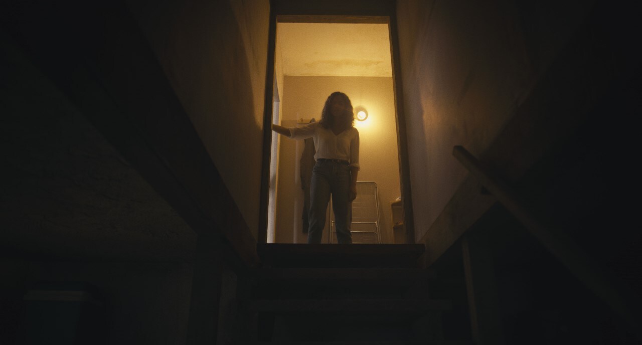 Woman standing at top of stairs.