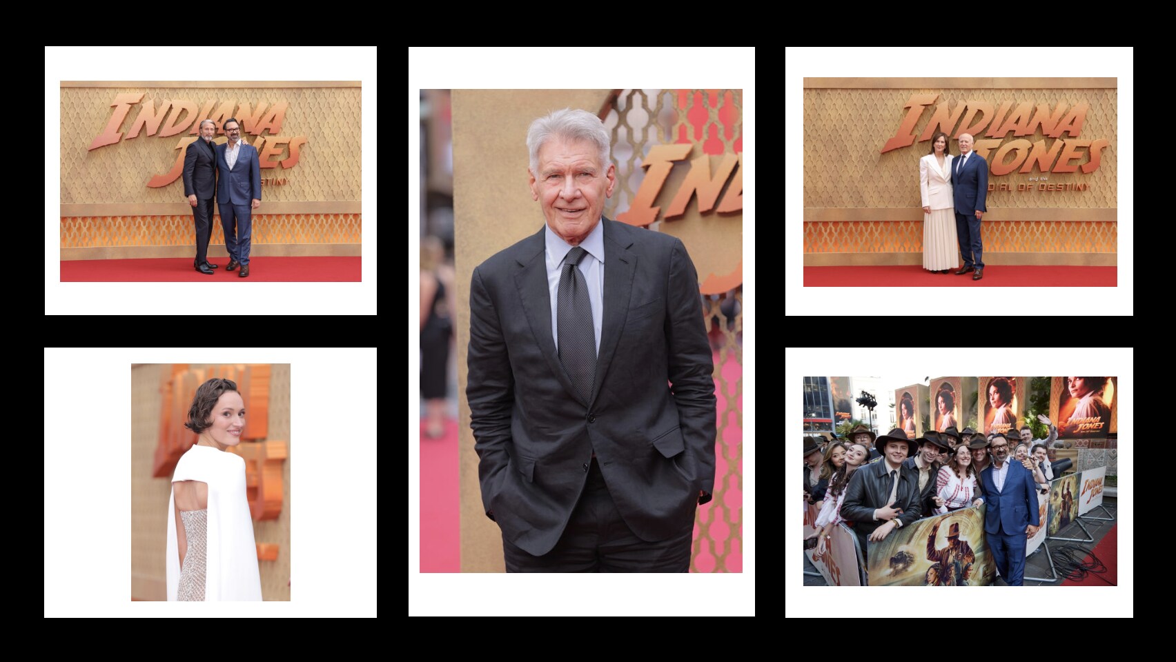 Indiana Jones and the Dial of Destiny UK Premiere collage of images. Top left is Mads Mikkelsen and James Mangold, top right is Kathleen Kennedy and Frank Marshall, bottom left is Phoebe Waller-Bridge, bottom right is James Mangold and Indiana Jones Fans, middle image is of Harrison Ford.