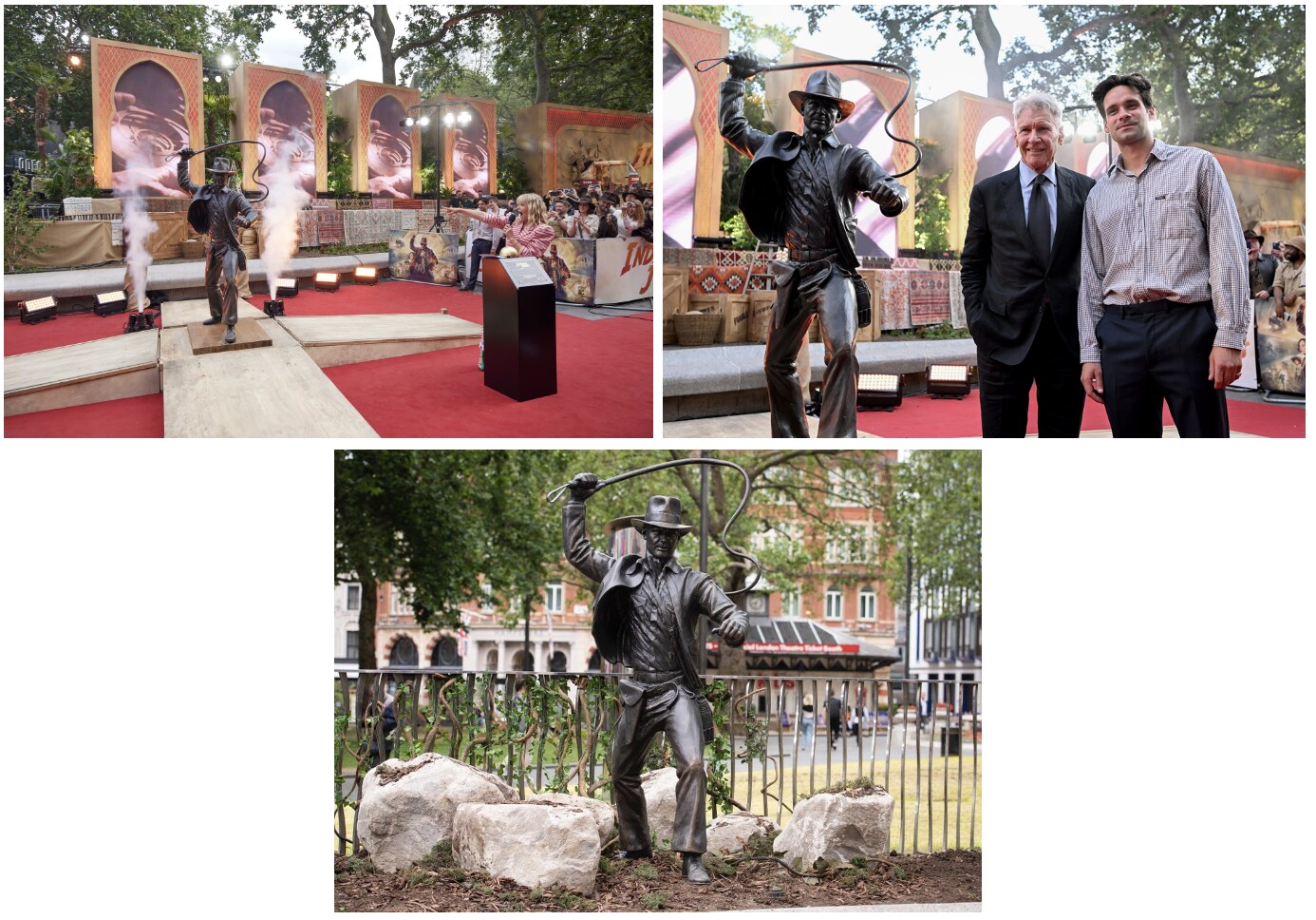 Selection of images of the new Indiana Jones bronze statue in Leicester Square. Top left of the reveal at the premiere, top right of Harrison Ford and the Sculptor, bottom of the statue in Leicester Square.