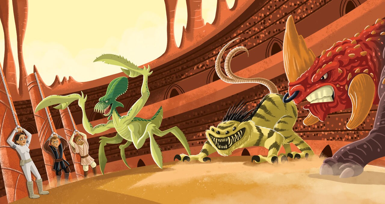 Princess Amidala, Anakin, and Obi-Wan tied up in the battle arena and surrounded by menacing creatures in art from The Big Golden Book of Aliens, Creatures, and Beasts.