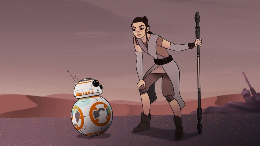 Rey, holding her quarterstaff, leans in to talk to BB-8 on a desert landscape in Star Wars Forces of Destiny.