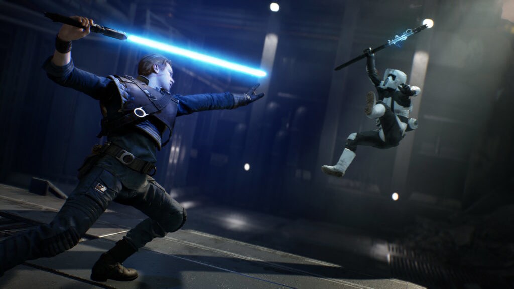 Cal Kestis Force pushes a stormtrooper in Star Wars Jedi: Fallen Order.
