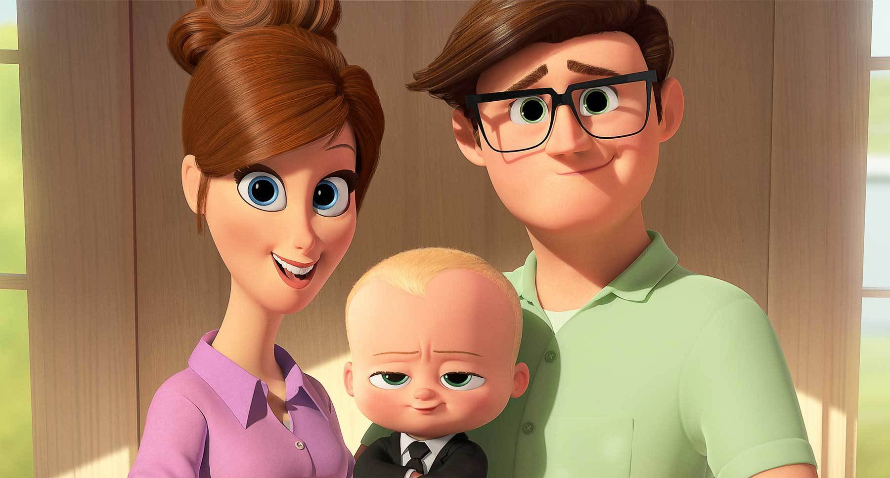 Actors Alec Baldwin, Lisa Kudrow, and Jimmy Kimmel as their characters in the animated movie "The Boss Baby"
