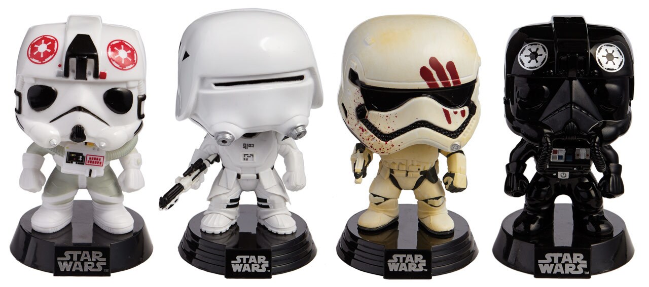 A variety of stormtrooper Funko Pop! figures.