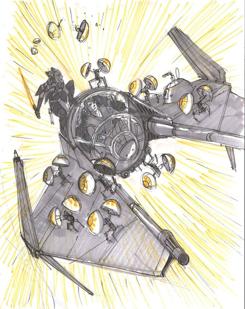Concept sketch of Ahsoka Tano wielding a lightsaber while riding on top of Anakin Skywalker's TIE fighter by Dave Filoni, The Clones Wars showrunner.