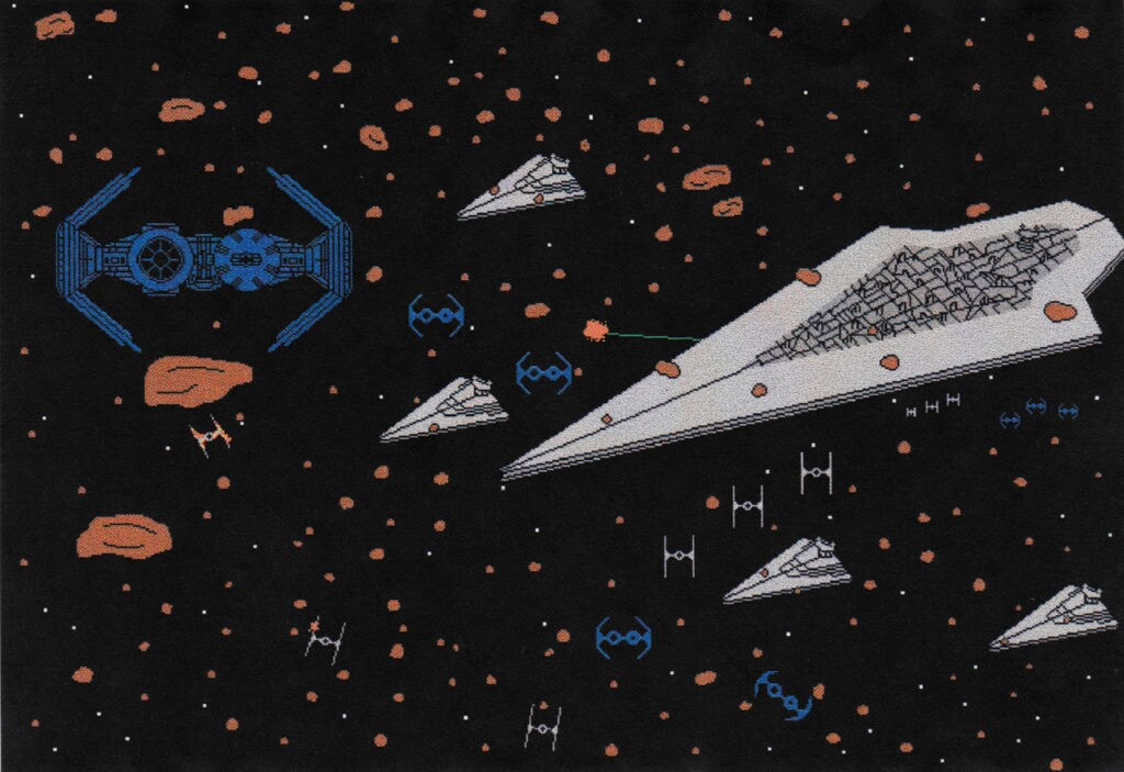 Fan art using digital design technology from the 1990s depicts a Star Destroyer and TIE fighters in an asteroid field.