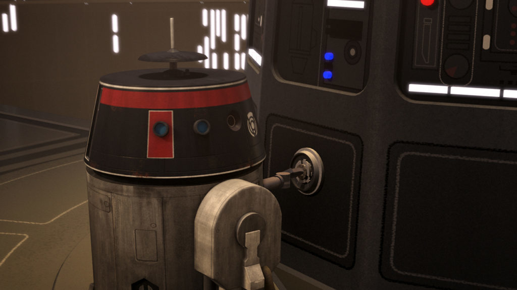 Chopper, in an Imperial disguise, connects to a computer in a scene from Rebels.