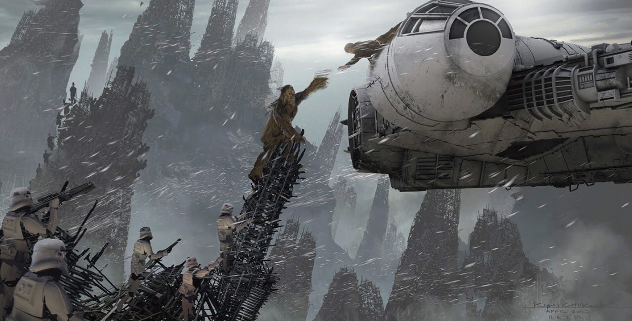 Concept art of Han leaning over the side of the Millennium Falcon to reach out a hand for Chewbacca who climbs a spire to escape Stormtroopers.