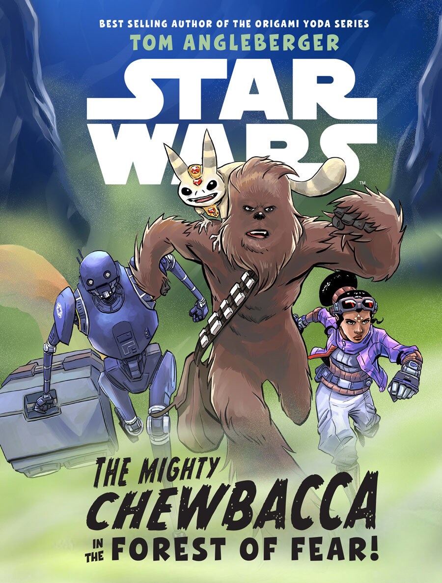 Star Wars: The Mighty Chewbacca in the Forest of Fear! book cover. It features Chewbacca, a tooka cat, K-2SO, and Mayvlin Trillick running through a forest.