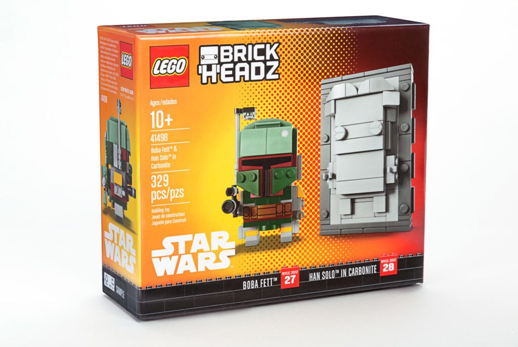 A LEGO Boba Fett and Han Solo in Carbonite BrickHeadz set in its box.