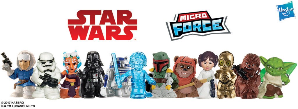 A line-up of Star Wars Micro Force figures featuring Han, a stormtrooper, Ahsoka, Vader, R2, Luke, Boba Fett, Wicket, Leia, 3PO, Chewie, and Yoda.
