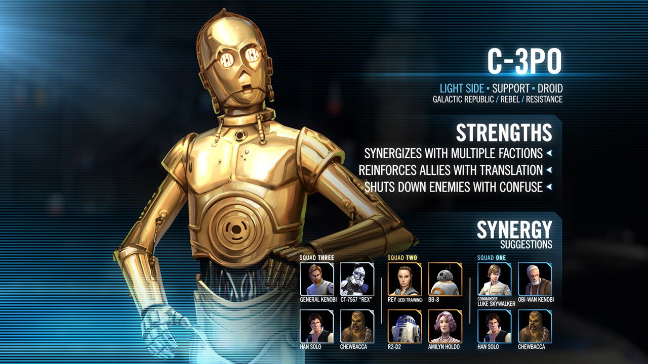 A C-3PO profile page from the video game Star Wars: Galaxy of Heroes.