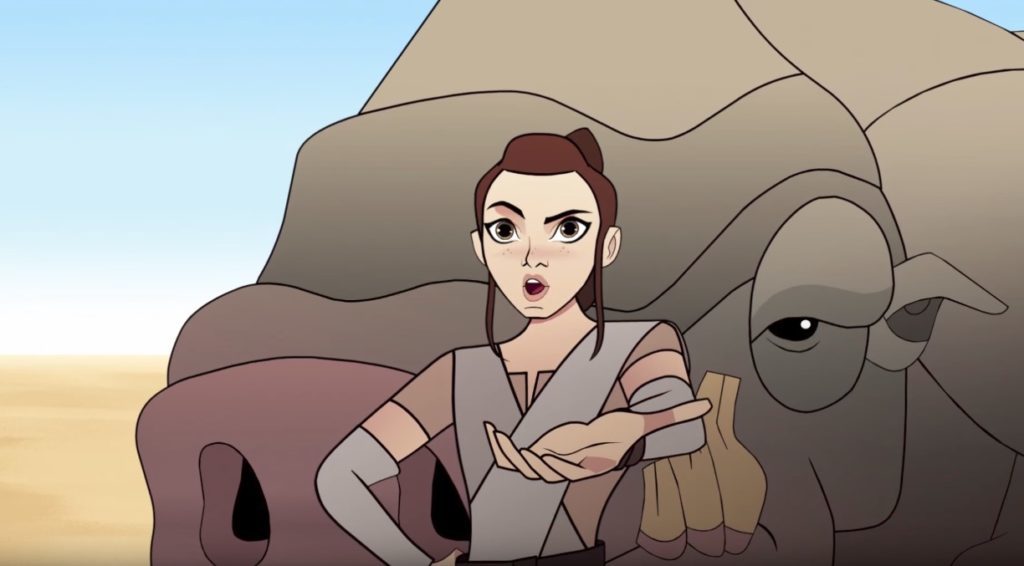 Rey holds her hand out with a Happabore behind her in Star Wars Forces of Destiny.