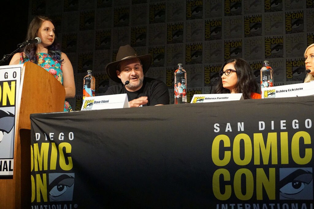 The San Diego Comic-Con Star Wars: The Clone War 10th anniversary panel moderated by Amy Ratcliffe and featuring Dave Filoni (supervising director) and Athena Portillo (line producer).