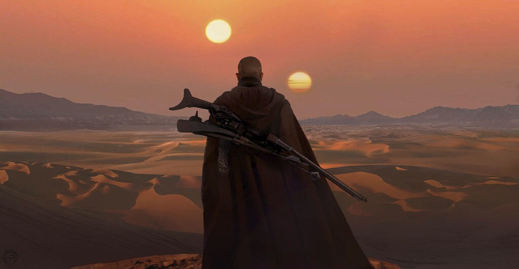 Boba Fett stands in a desert looking at two setting suns.