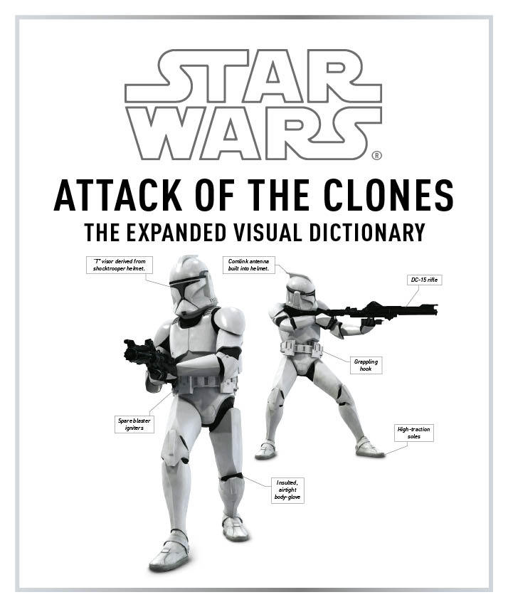 The cover of the book Star Wars: Attack of the Clones: The Expanded Visual Dictionary shows a pair of clone troopers brandishing blaster rifles with diagrammed descriptions for each part of their armor.