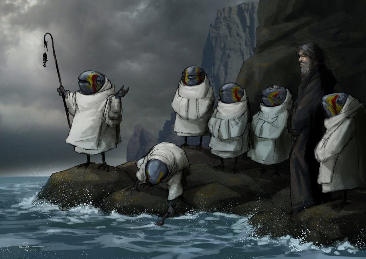 Concept art for The Last Jedi, by artist and designer Jake Lunt Davies, shows Luke Skywalker with a group of Caretakers standing on a rocky shore on the planet Ahch-To.