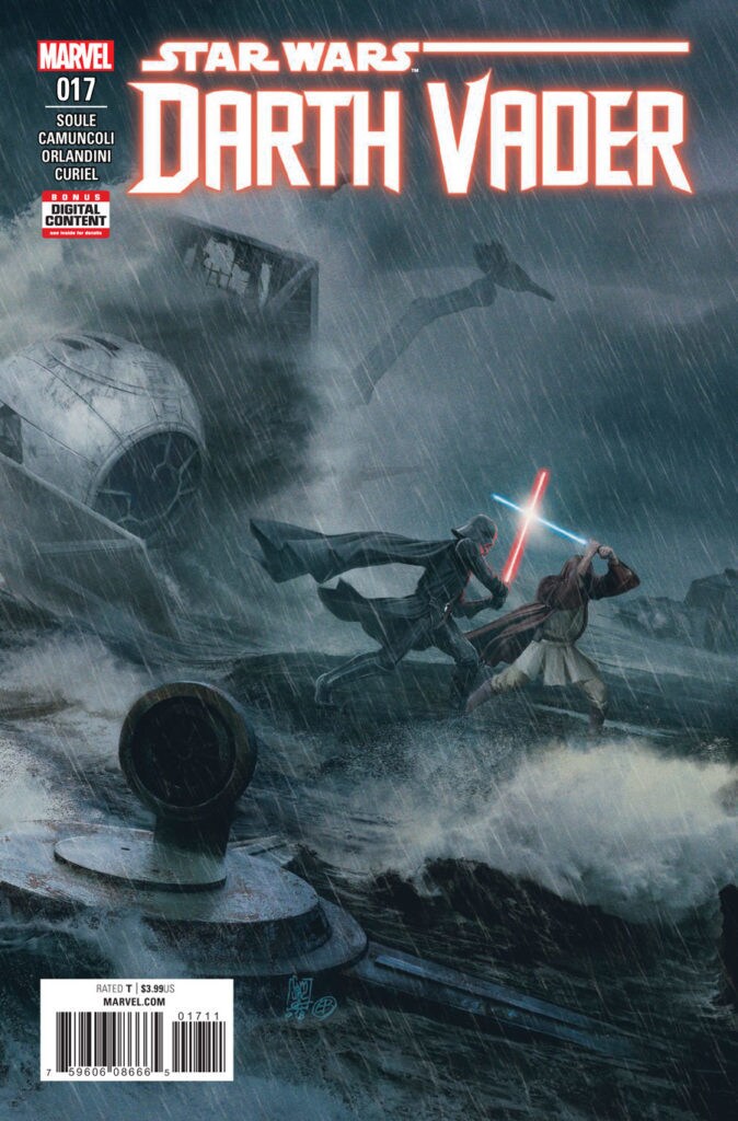 Darth Vader and Luke Skywalker cross lightsabers during a battle on the cover of the Star Wars Darth Vader #17 Marvel comic book.