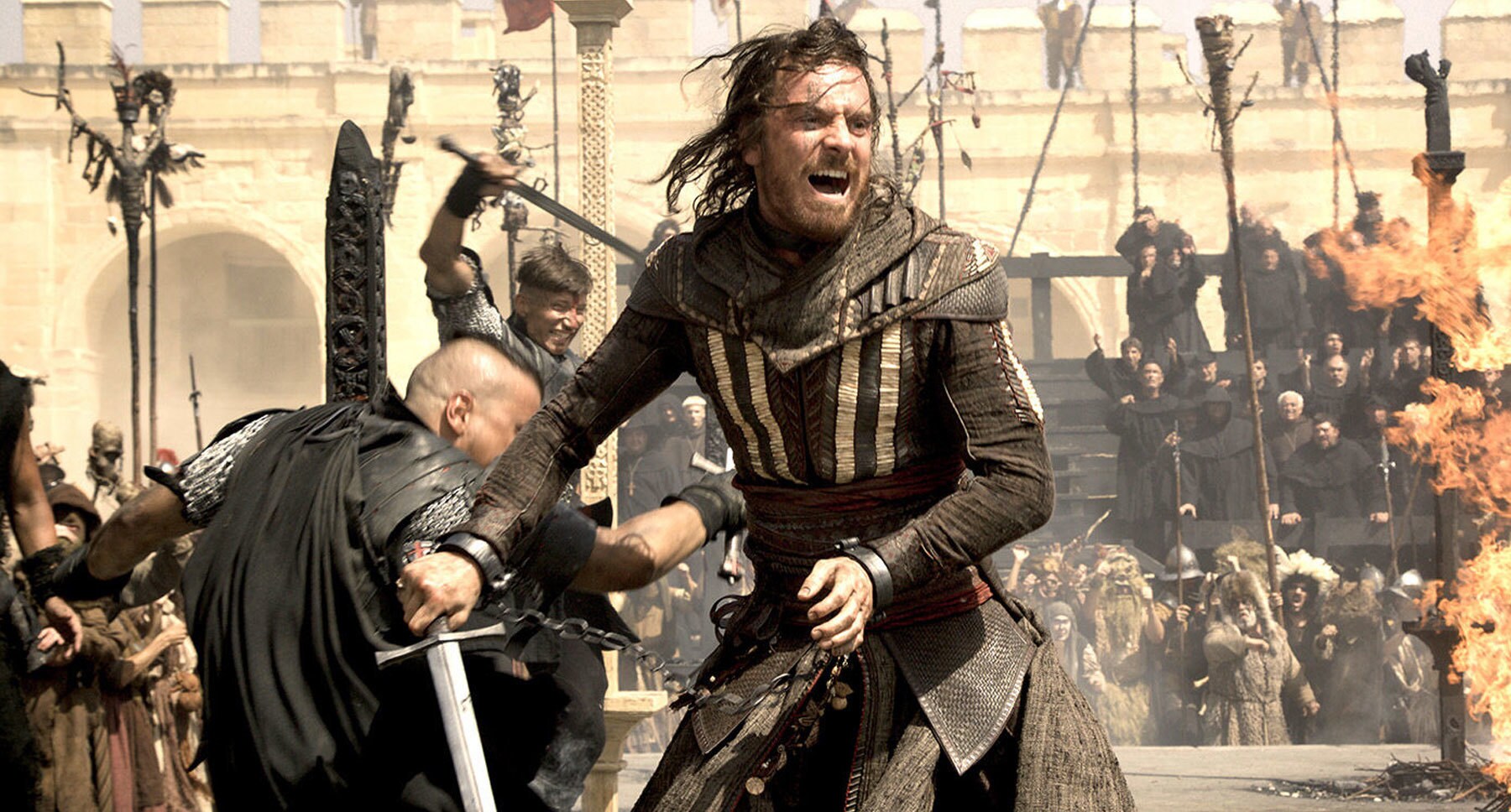 Actor Michael Fassbender (as Aguilar) sword fighting in the movie "Assassin's Creed"