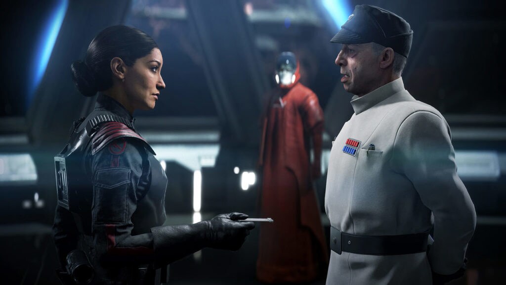 Garrick Versio talks to his daughter Iden on the bridge of an Imperial ship in Battlefront II.