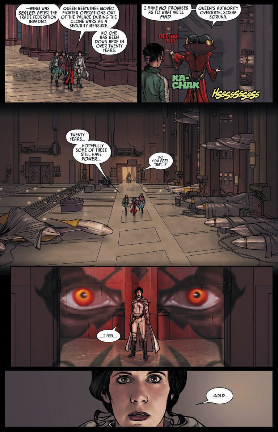In a series of comic book panels, Queen Soruna is shown leading Princess Leia and Shara Bey through a hangar of old starfighters where Princess Leia senses the presence of Darth Maul.