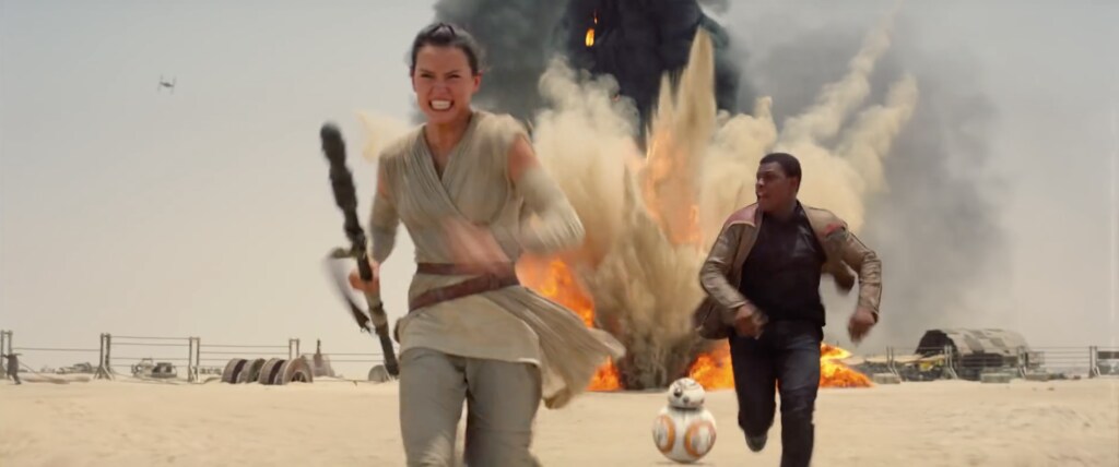 Rey, Finn, and BB-8 in Star Wars: The Force Awakens