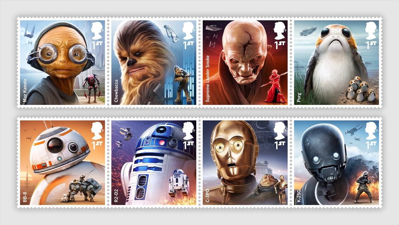 A collection of Star Wars themed stamps designed by Malcolm Tween featuring various characters.