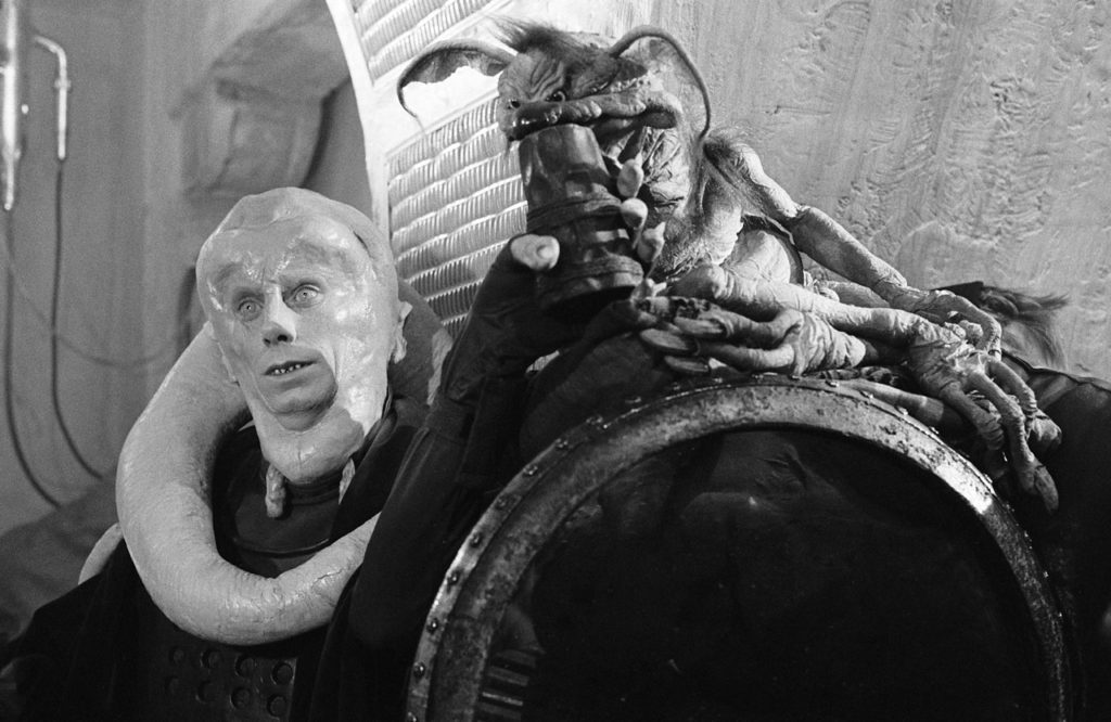 A black and white image of Bib Fortuna and Salacious Crumb in Return of the Jedi.