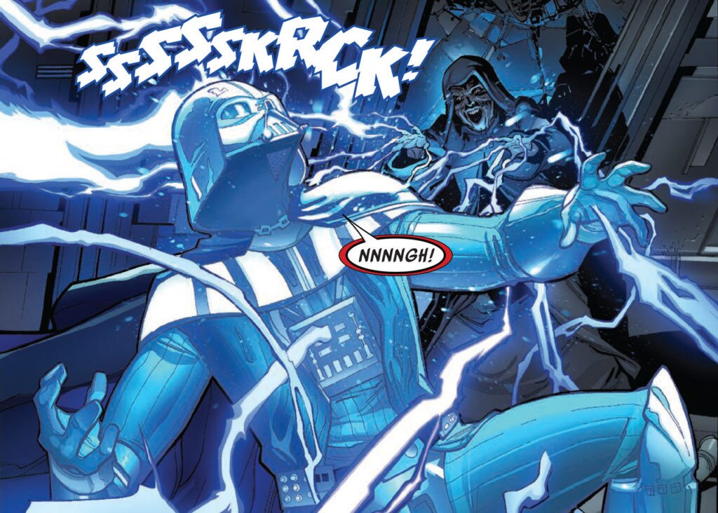 Darth Vader is electrically shocked by the Emperor in an image from Marvel's comic series, Darth Vader, by writer Charles Soule and artist Giuseppe Camuncoli.