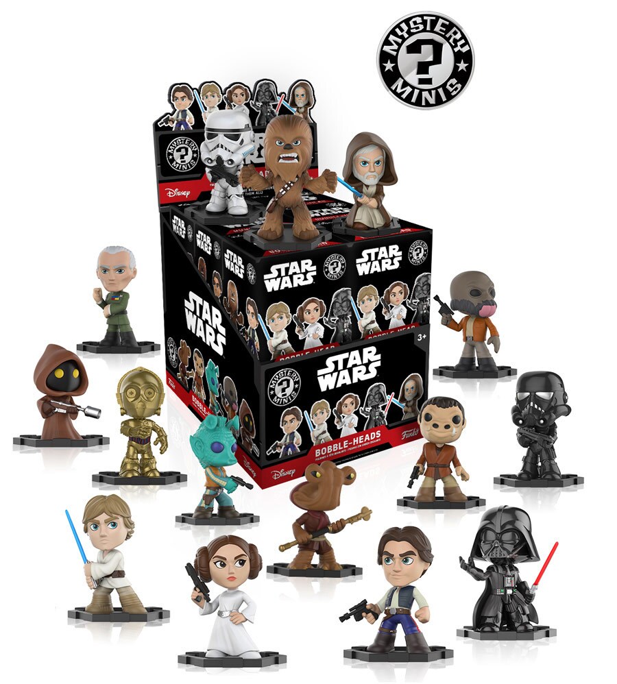 Funko Star Wars Mystery Minis are displayed on and around the box they come in.