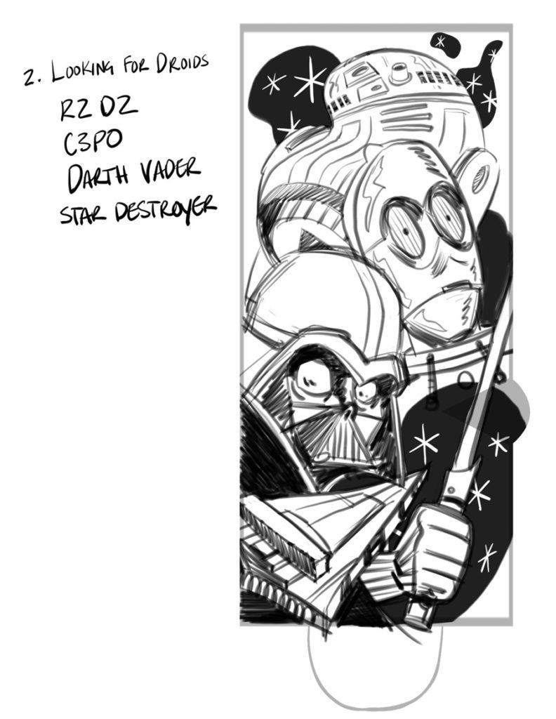 Concept design sketches for Stance's 2018 Star Wars socks: Darth Vader and droids.