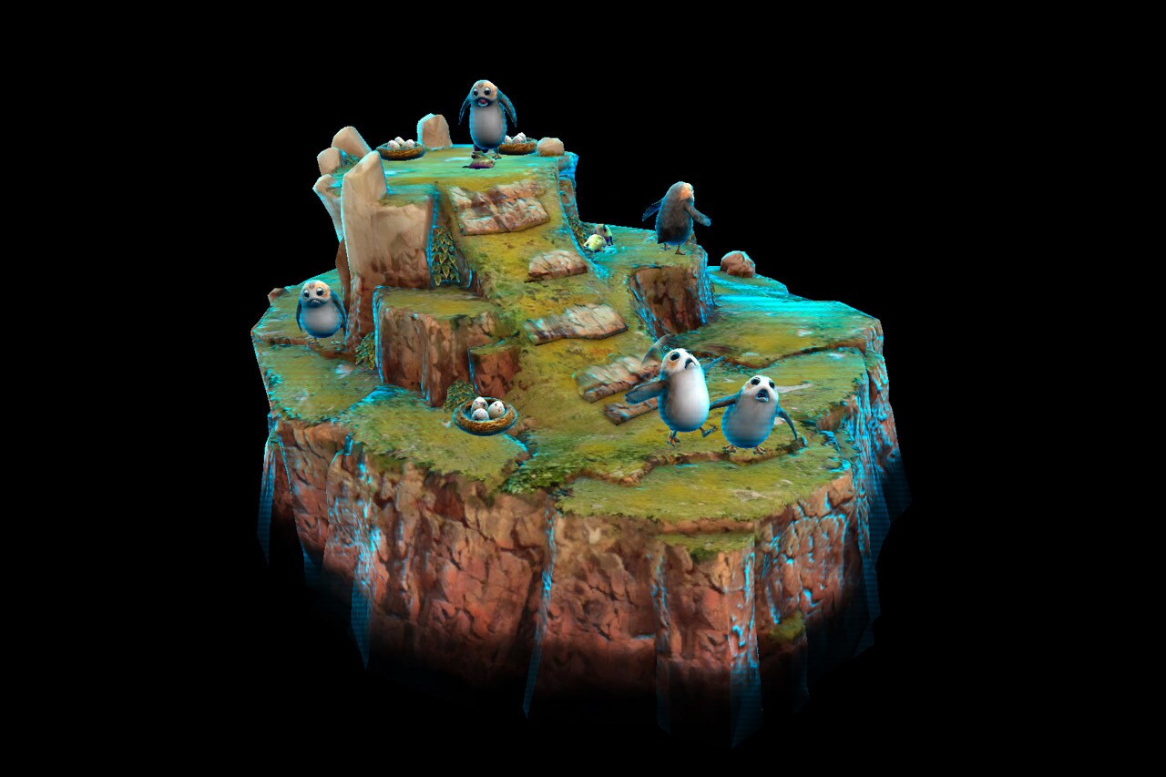 A computer generated private island filled with porgs, a reward in the augmented reality game Star Wars: Jedi Challenge.