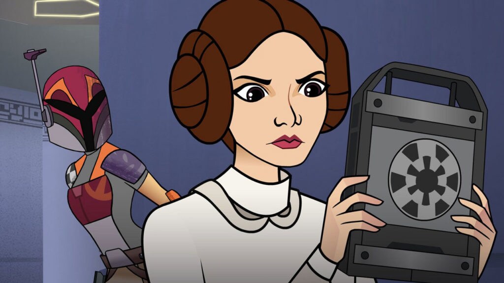 Princess Leia holds a data tape while Sabine Wren, in Mandalorian armor, looks on in Star Wars Forces of Destiny.