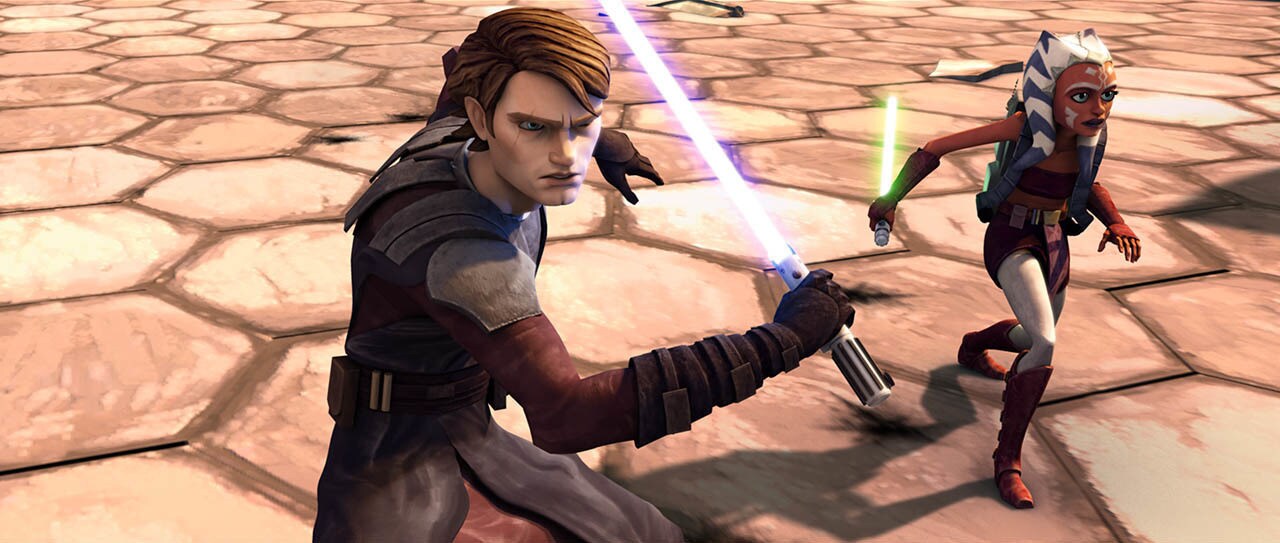 Anakin and Ahsoka wield lightsabers in The Clone Wars.