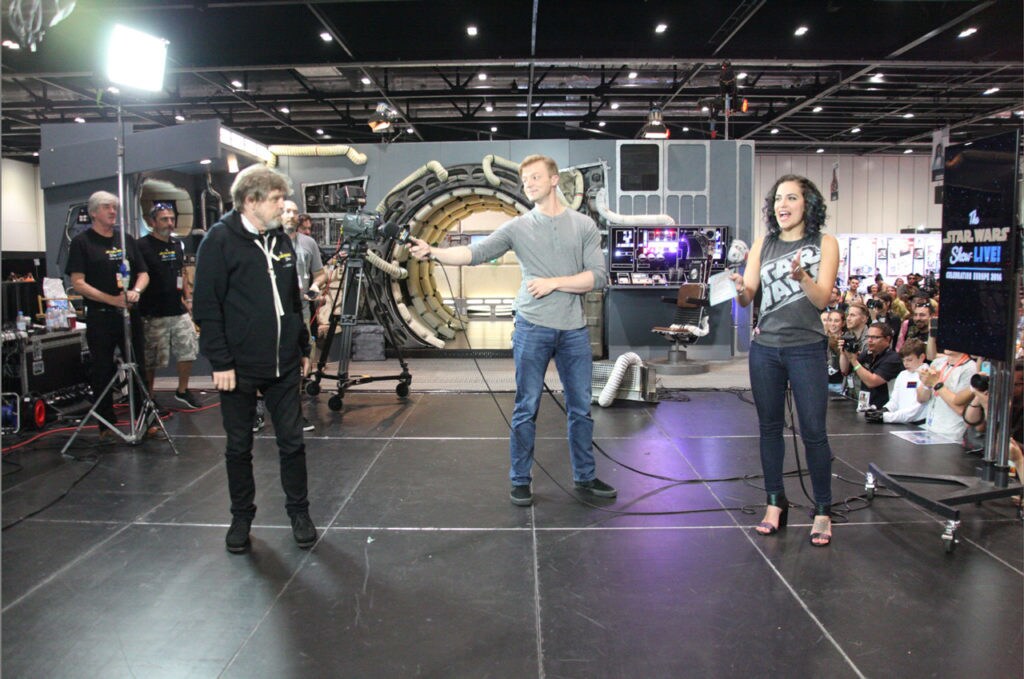 Mark Hamill in disguise in a Star Wars Show hoodie at Star Wars Celerbration.