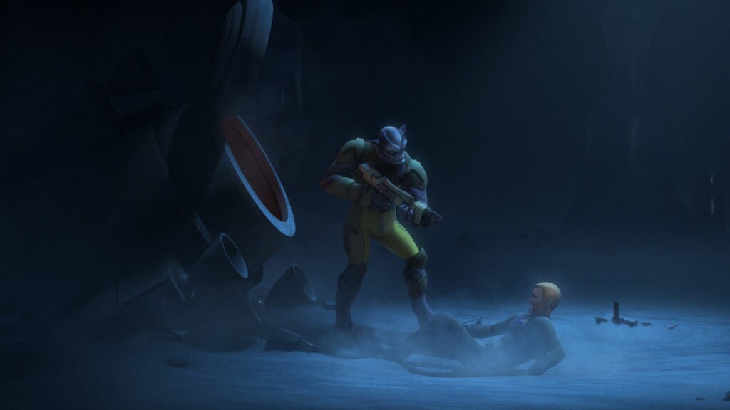 Zeb holds Kallus at gunpoint in Star Wars Rebels.