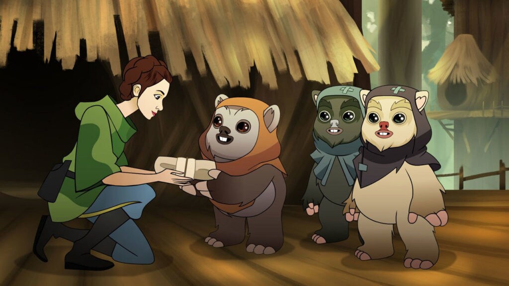 Princess Leia receives a gift from Wicket and other Ewoks in Forces of Destiny.