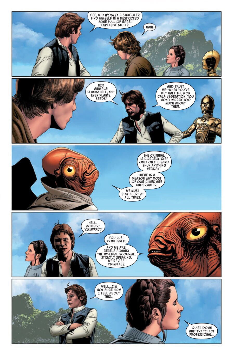 A page from Marvel's Star Wars comic book series shows Han complaining about the conditions on Mon Cala to Luke, Leia, C-3PO, and Admiral Ackbar.
