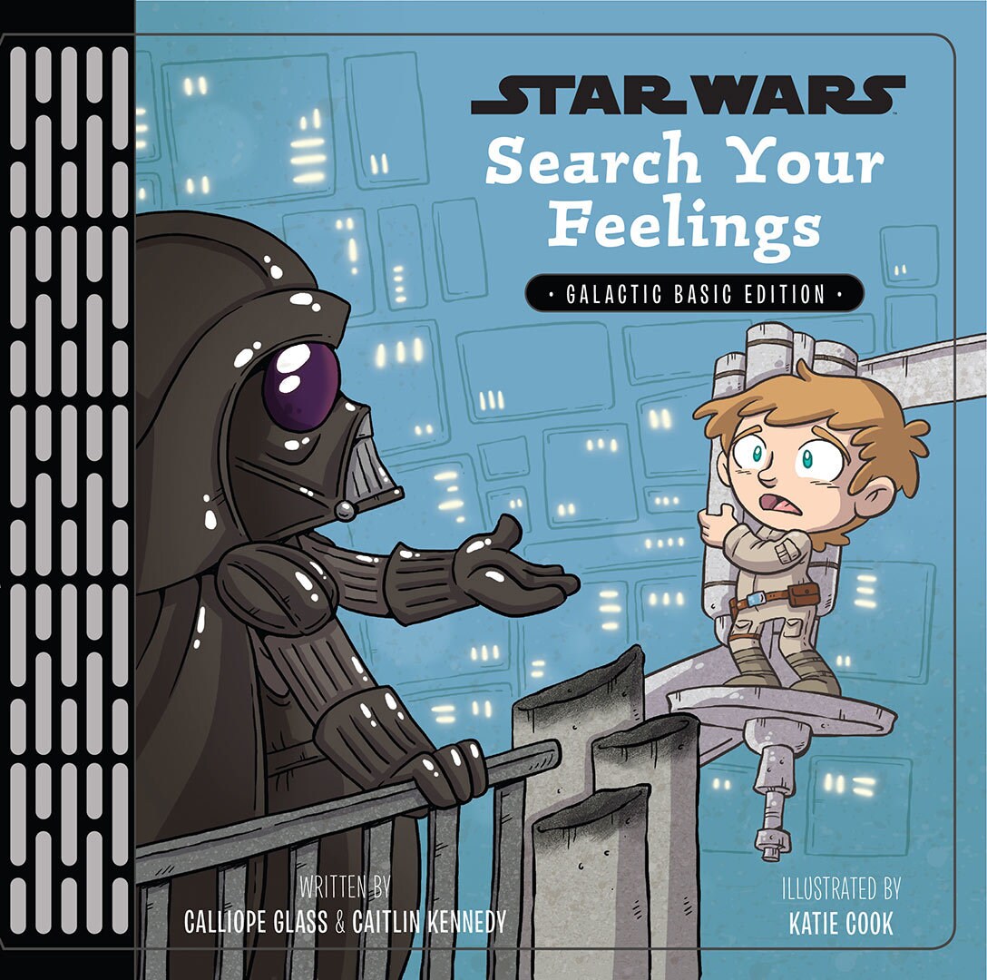 The cover of the book Search Your Feelings shows Darth Vader reaching out to Luke who clings to a platform.