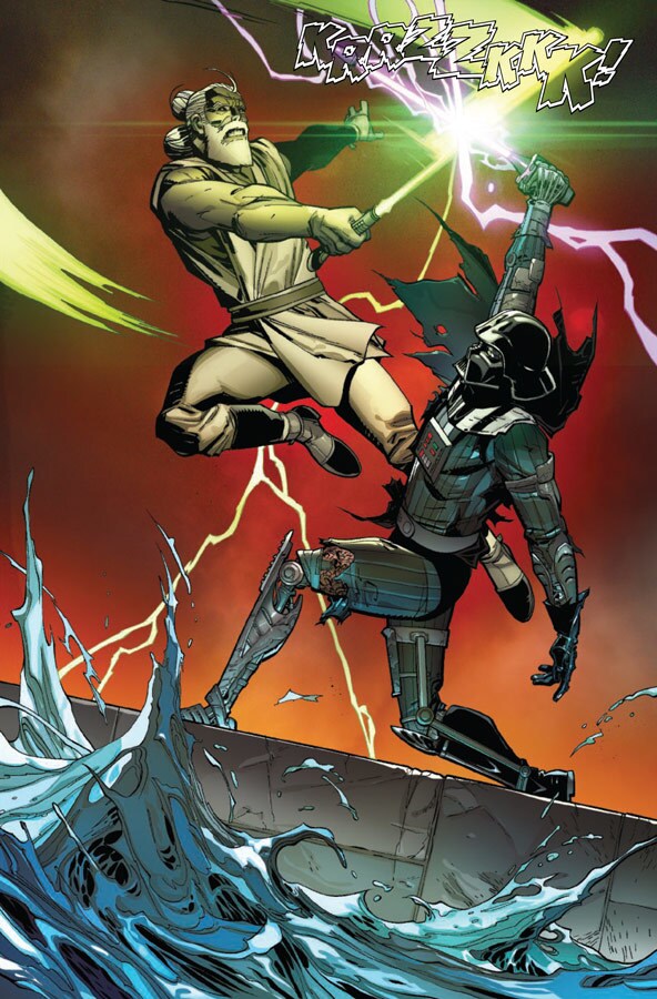 In a panel from Marvel's Darth Vader comic book series, Darth Vader duels Jedi Master Kirak Infil'a.