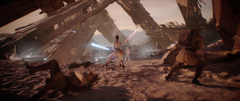 Rey wields her lightsaber against approaching stormtroopers through the Star Destroyer debris on Jakku in the Star Wars Battlefront II launch trailer.