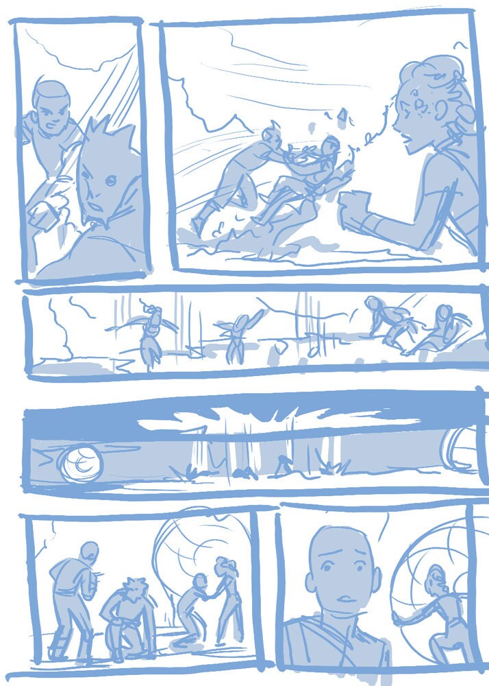 Artist Megan Levens' layouts for a page in Return to Vader's Castle