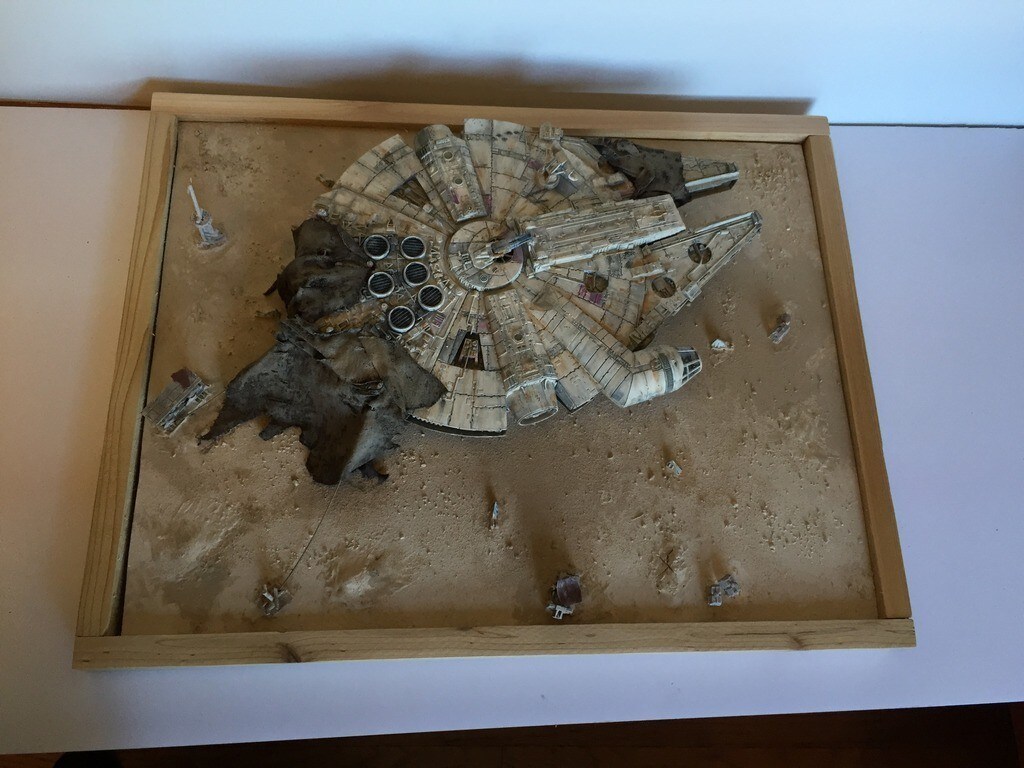 Top-down shot of Kelly Krider's Jakku-Falcon diorama